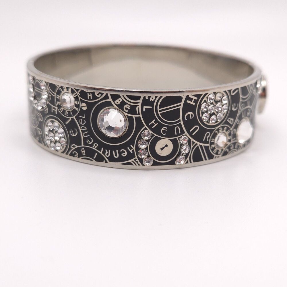 Henri Bendel |Black Enamel Rhinestone Logo Hinged Wide Bangle Bracelet